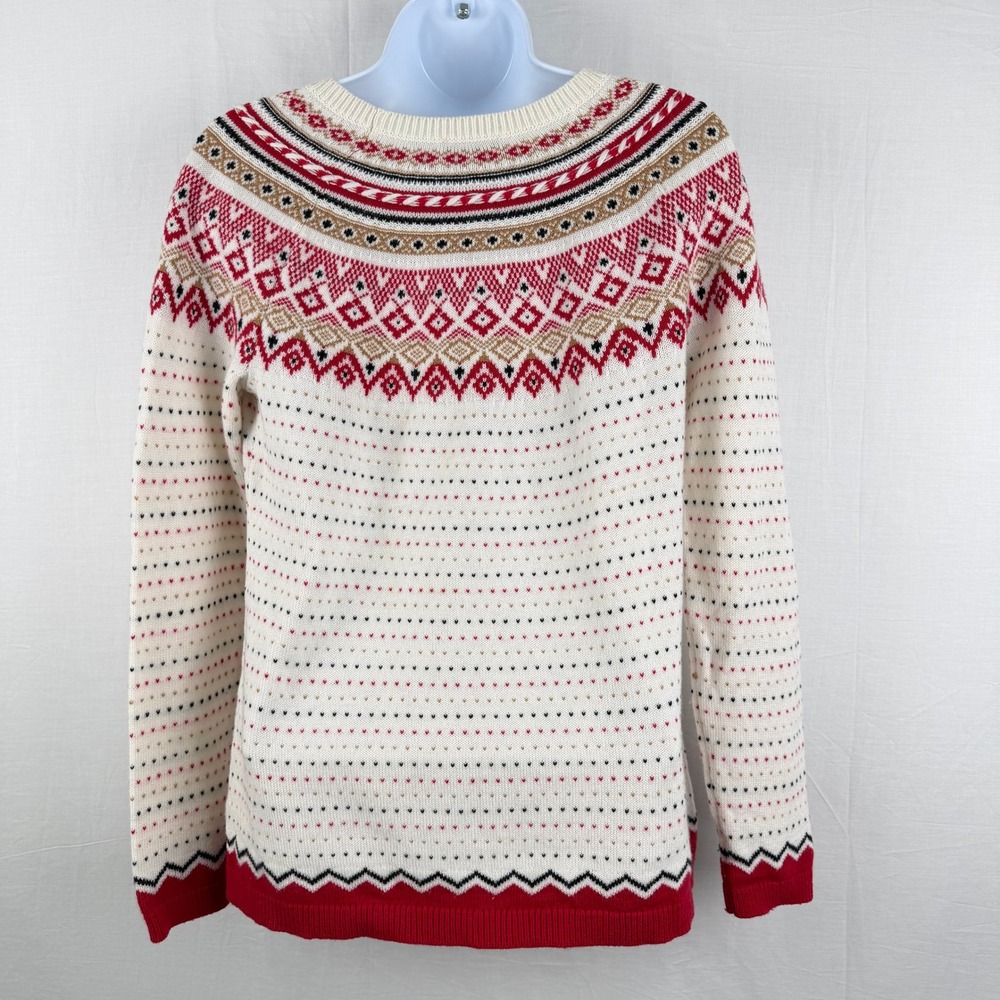 Talbots Fair Isle Sweater Red Ivory Lambswool Blend Size Medium Petite
